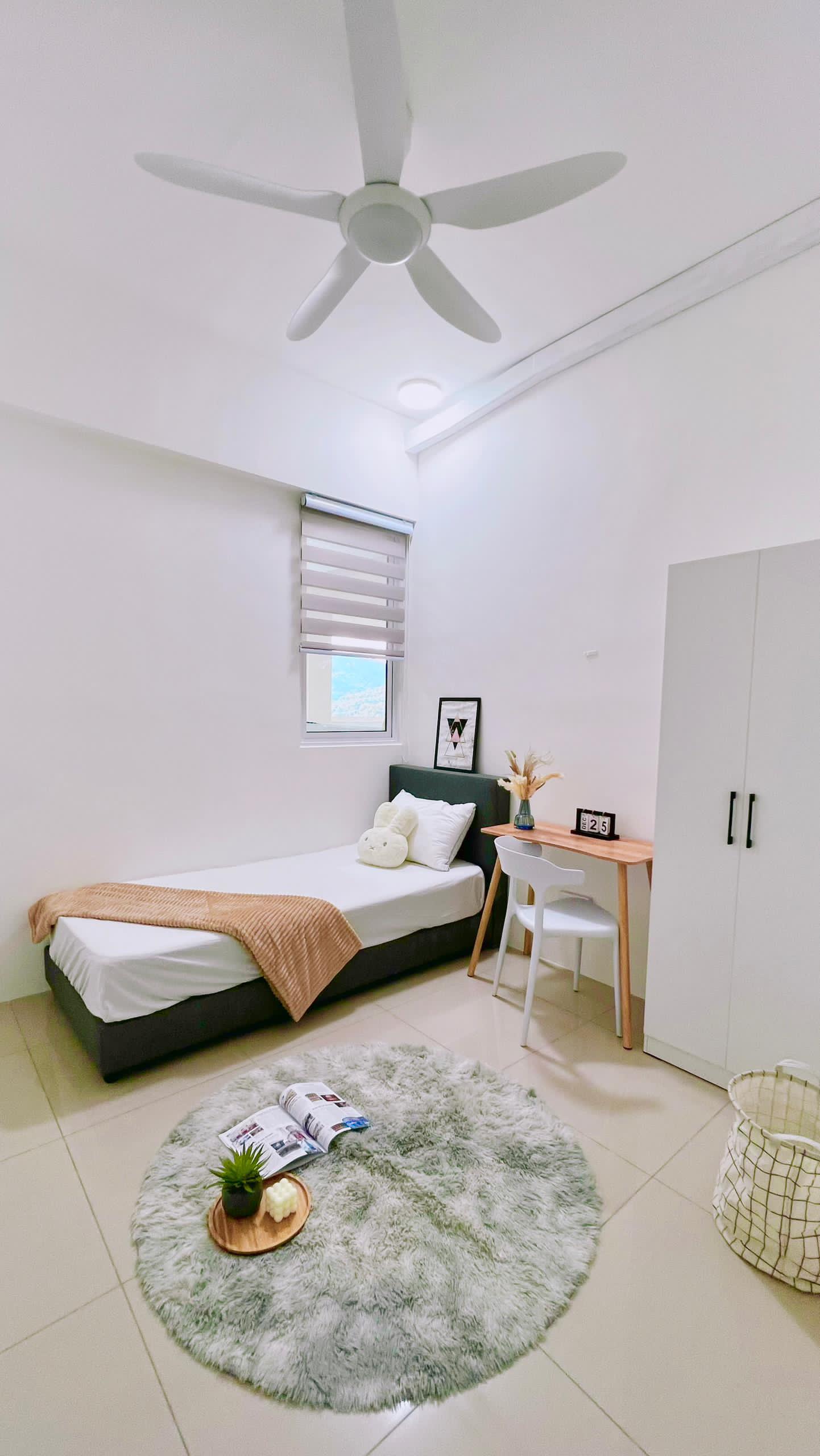 Furnished room for rent in bayan lepas with bed, desk and wardrobe
